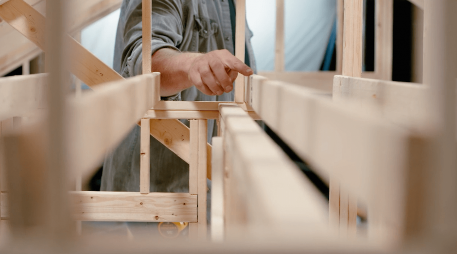 Close-up of a mini model of a ceiling joist