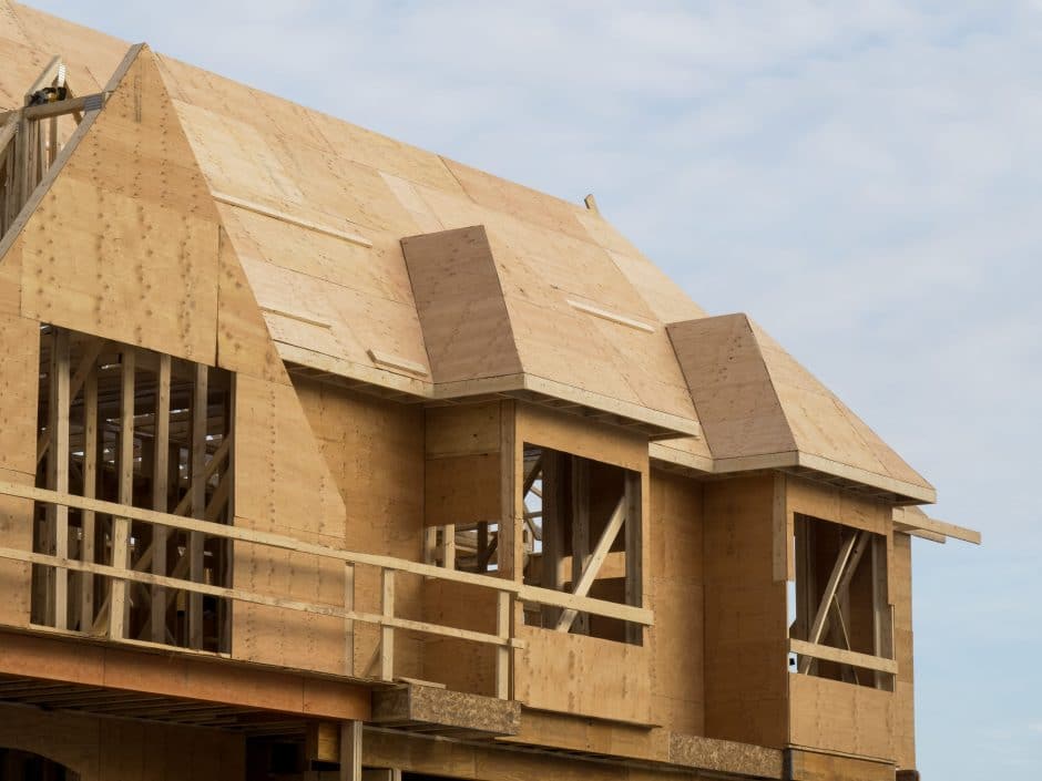 plywood roof and wall sheathing on a residential construction project