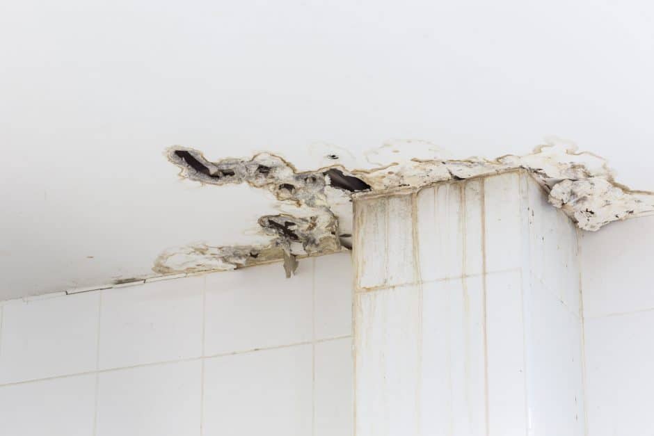 White ceiling inside the building get damaged showing moisture and dirty mold by water leaking and