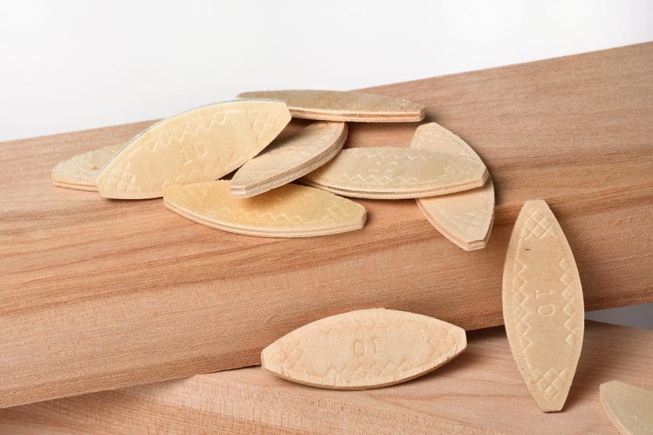 Biscuit joint and wood pieces isolated on white background