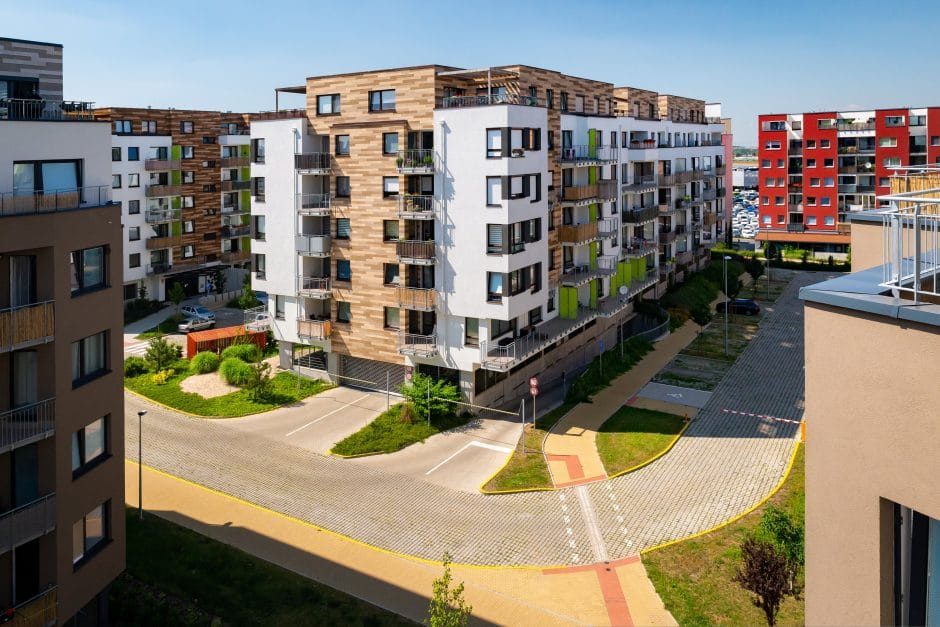 Multi-family building, aerial view.