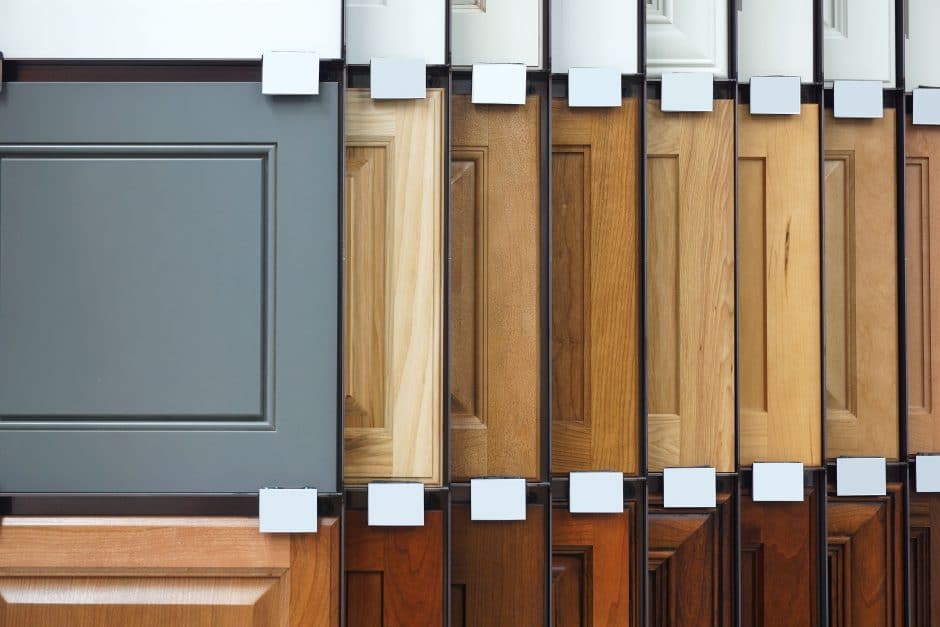 wood cabinet door samples in market in a row