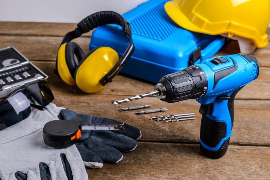 Protection Equipment on wooden table background