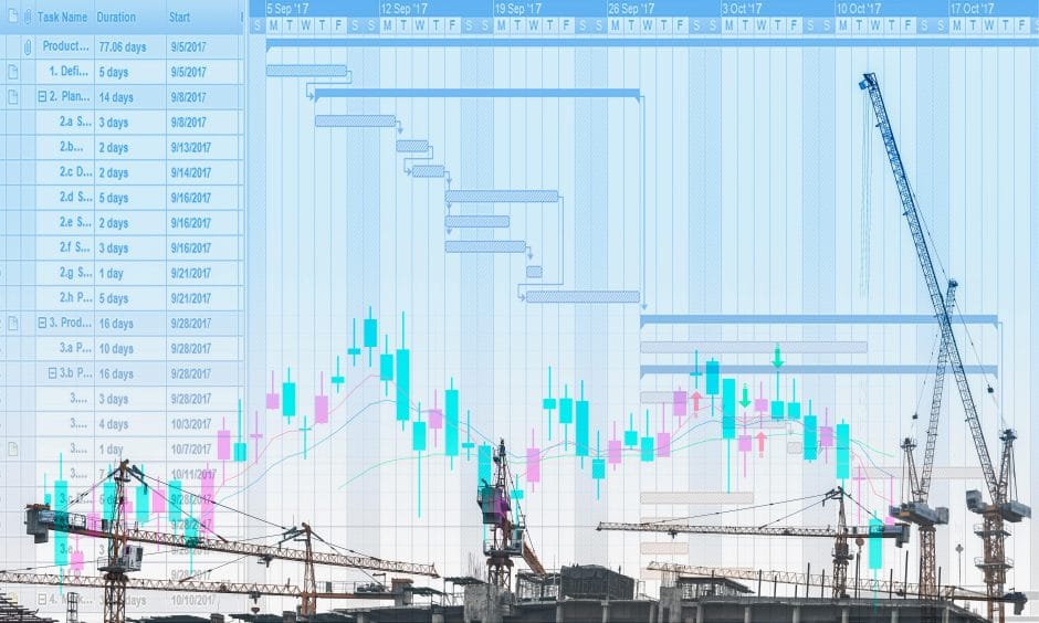 image of construction project with gantt chart and stock price movement graph in the concept of construction project management concerning timeline and financial status.