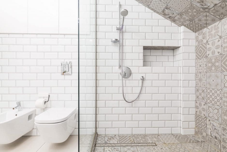 Tiles on the wall in luxury beige bathroom