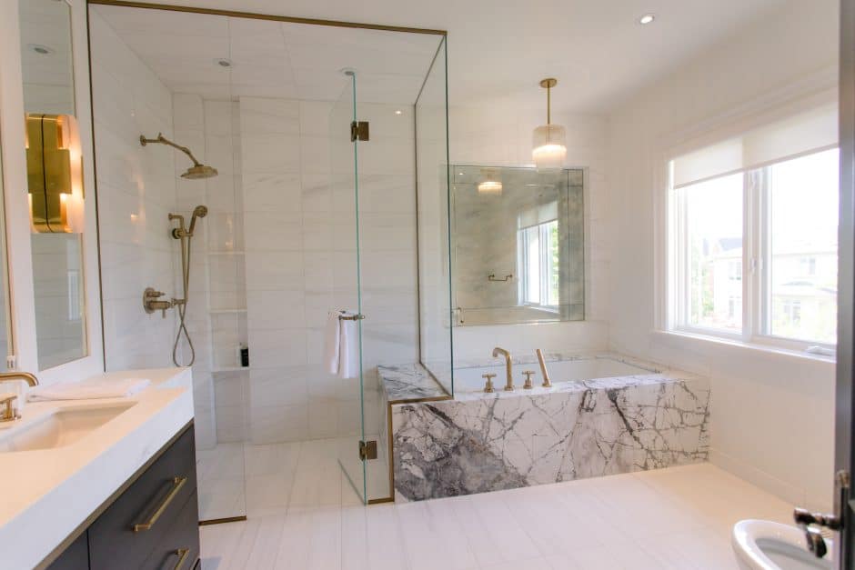 Interior of bathroom with full glass door